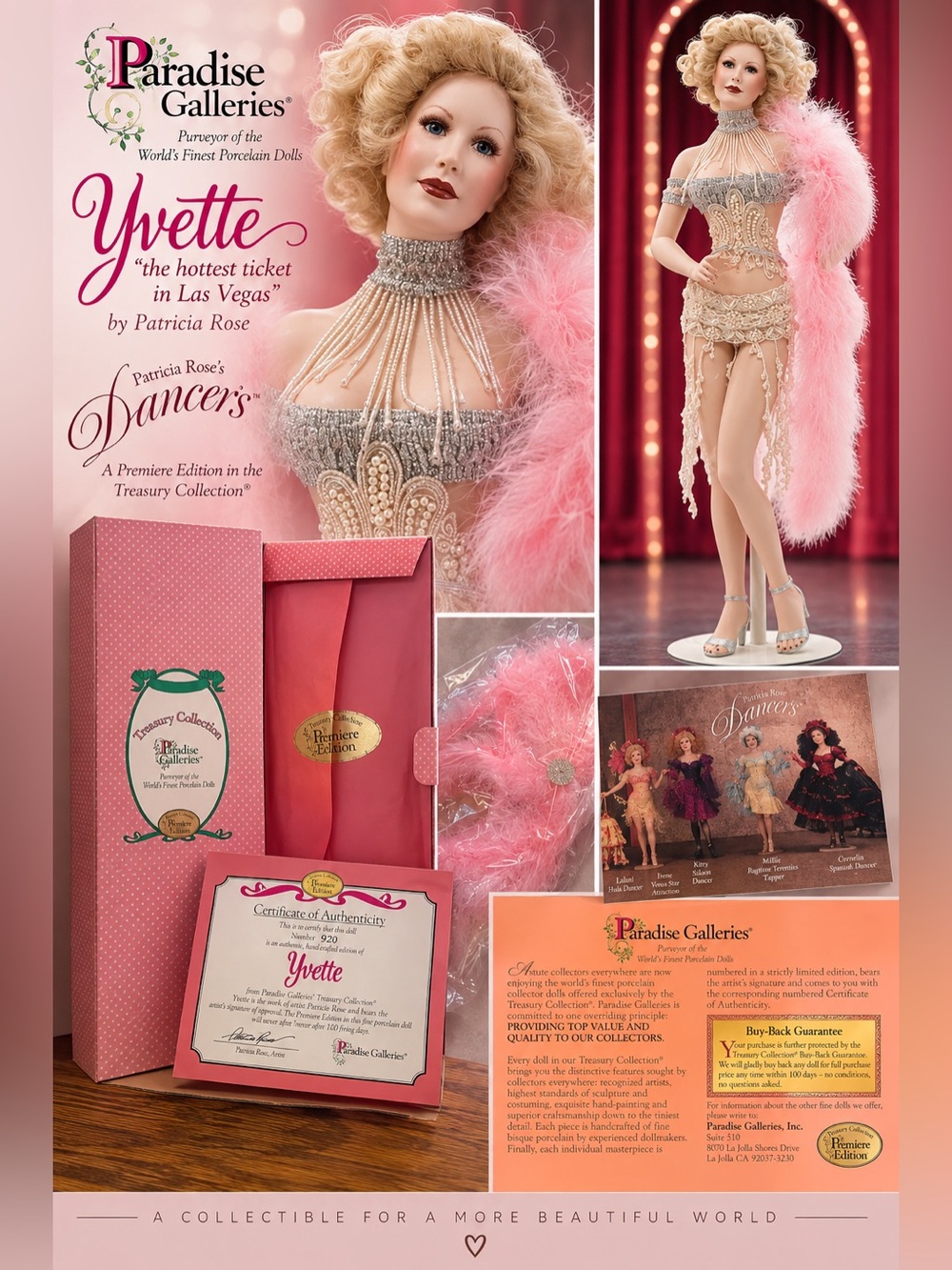 Paradise Galleries Yvette Patricia Rose Porcelain Showgirl Doll 18” Vintage